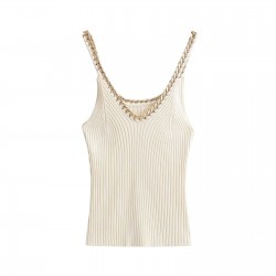 A new summer collection of women's clothing from Europe and America, featuring a fashionable and sexy U-neck metal knitted halter top in white