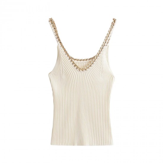A new summer collection of women's clothing from Europe and America, featuring a fashionable and sexy U-neck metal knitted halter top in white