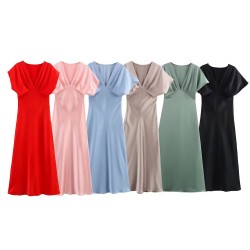 Cross-border Express Spring 2025 Women's Wear V-neck silk satin texture MIDI dress with a high-end European and American style