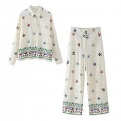 Fashion Set 2024 Summer New Collection: European and American cross-border women's clothing, flower-embroidered shirt + straight-leg pants set