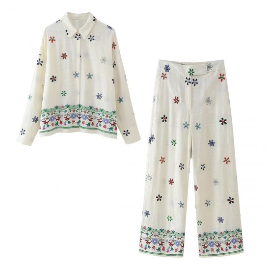 Fashion Set 2024 Summer New Collection: European and American cross-border women's clothing, flower-embroidered shirt + straight-leg pants set Fashion Set 2024 Summer New Collection: European and American cross-border women's clothing, flower-embroidered shirt + straight-leg pants set