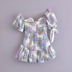 Cross-border French asymmetrical puffed sleeve dress, lace tie lotus leaf dress