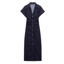 Summer's new women's dress with a commuting style, V-neck design, side pleated and hip-hugging dress, and a long dress in European and American style