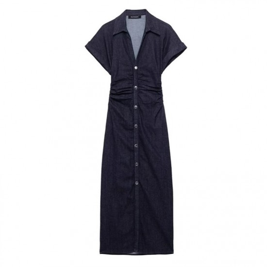 Summer's new women's dress with a commuting style, V-neck design, side pleated and hip-hugging dress, and a long dress in European and American style