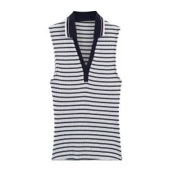Cross-border foreign trade wholesale 2025 Summer new women's clothing Amazon lapel striped ribbed top