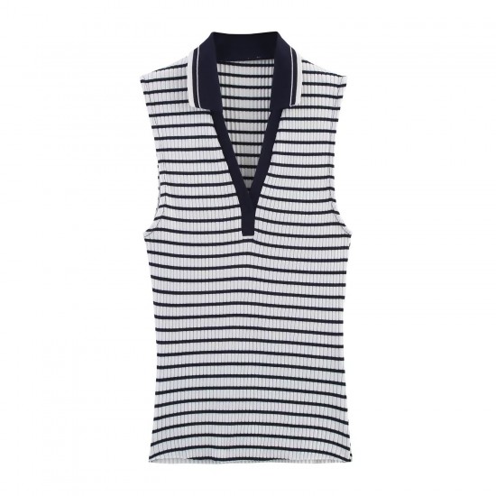 Cross-border foreign trade wholesale 2025 Summer new women's clothing Amazon lapel striped ribbed top Cross-border foreign trade wholesale 2025 Summer new women's clothing Amazon lapel striped ribbed top