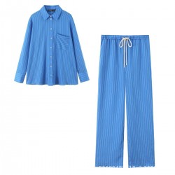 A 2025 new women's clothing set with a simple and loose European and American style, featuring a striped shirt and pajama pants