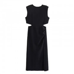 This is a new summer women's dress with a European and American style, featuring a round neck, solid color, and a hollowed-out pleated slit at the waist