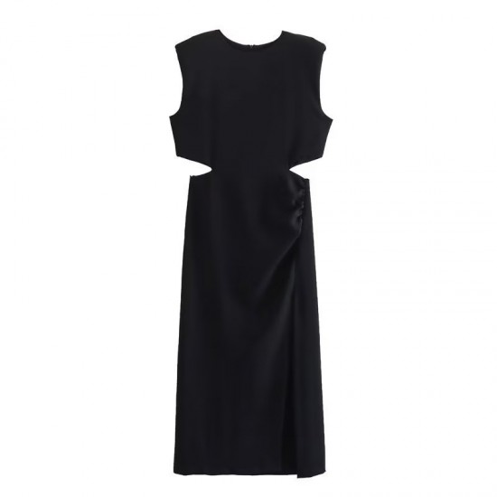 This is a new summer women's dress with a European and American style, featuring a round neck, solid color, and a hollowed-out pleated slit at the waist This is a new summer women's dress with a European and American style, featuring a round neck, solid color, and a hollowed-out pleated slit at the waist