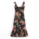 Amazon wholesale cross-border European and American style French retro print slimming and form-fitting dress with a large hemline and straps