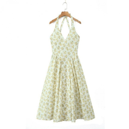 Floral halter long dress 2025 summer European and American sexy backless deep V-neck slim pleated vacation beach dress Floral halter long dress 2025 summer European and American sexy backless deep V-neck slim pleated vacation beach dress