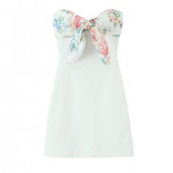 Cross-border wholesale 2025 Summer women's clothing: European and American printed bow color contrast off-the-shoulder slim strapless mini skirt