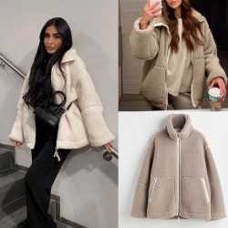 2024 Cross-border autumn/Winter women's clothing: European and American style, fashionable, loose and warm, color-blocking double-zipper faux lambskin coat