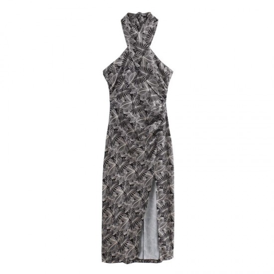 Wholesale of summer new products for foreign trade: European and American retro cross-border women's clothing, elegant printed halter, slit, sleeveless dress Wholesale of summer new products for foreign trade: European and American retro cross-border women's clothing, elegant printed halter, slit, sleeveless dress