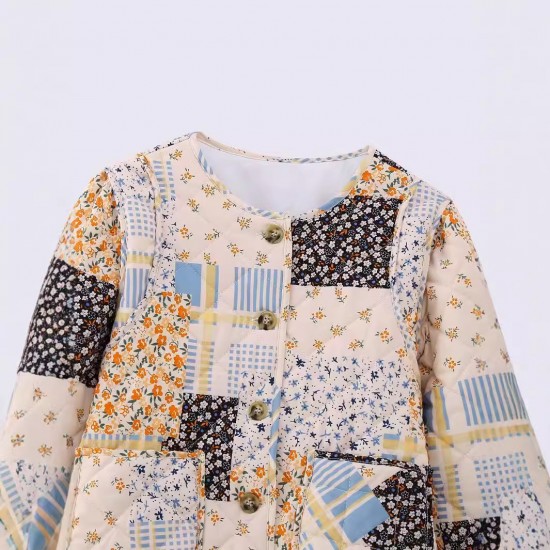 5756 Early Autumn new women's clothing, European and American style round-neck color-blocked small floral long-sleeved cotton-padded jacket 5756 Early Autumn new women's clothing, European and American style round-neck color-blocked small floral long-sleeved cotton-padded jacket