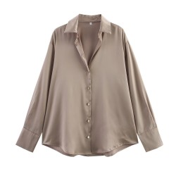 Wholesale of cross-border silk satin textured shirts from Europe and America, new spring street fashion women's wear in 2025, elegant V-neck top