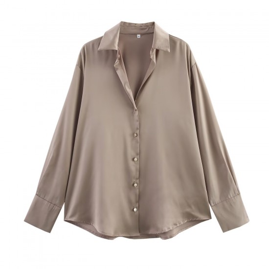 Wholesale of cross-border silk satin textured shirts from Europe and America, new spring street fashion women's wear in 2025, elegant V-neck top