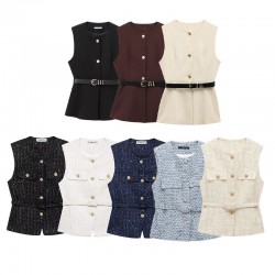 Belt-patterned coarse-woven vest, Spring 2025, European and American style, metal button sleeveless round neck fitted coat for women