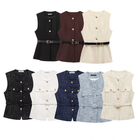 Belt-patterned coarse-woven vest, Spring 2025, European and American style, metal button sleeveless round neck fitted coat for women