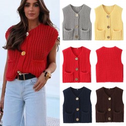 13-color Amazon bestseller 2024 Spring and Autumn new women's clothing, European and American style pocket sleeveless short knitted vest