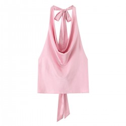 Summer 2025 new women's clothing for foreign trade wholesale, European and American style sexy halter-neck sleeveless silk satin texture top for women