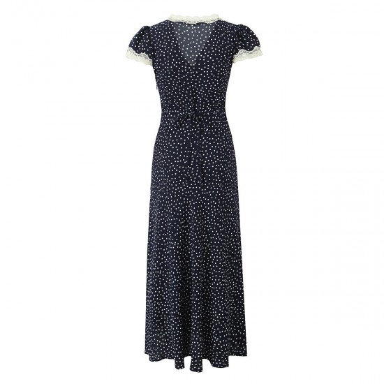 Spring 2025 new French lace patchwork polka dot dress V-neck country-style printed figure-hugging long dress Spring 2025 new French lace patchwork polka dot dress V-neck country-style printed figure-hugging long dress