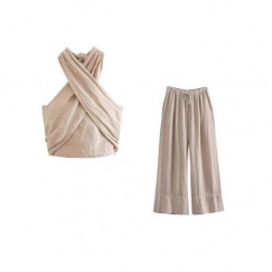 Long pants set with knot decoration, early autumn 3127 halter-neck new women's backless top, wide legs crossed, European and American casual style