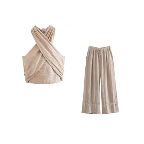 Long pants set with knot decoration, early autumn 3127 halter-neck new women's backless top, wide legs crossed, European and American casual style Long pants set with knot decoration, early autumn 3127 halter-neck new women's backless top, wide legs crossed, European and American casual style