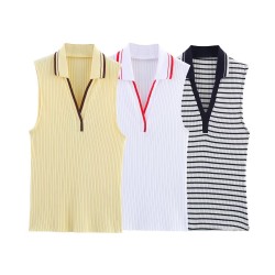 Cross-border foreign trade wholesale 2025 Summer new women's clothing Amazon lapel striped ribbed top