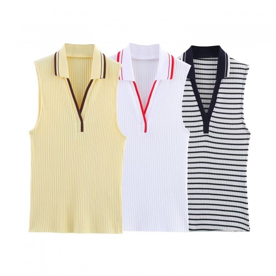 Cross-border foreign trade wholesale 2025 Summer new women's clothing Amazon lapel striped ribbed top Cross-border foreign trade wholesale 2025 Summer new women's clothing Amazon lapel striped ribbed top