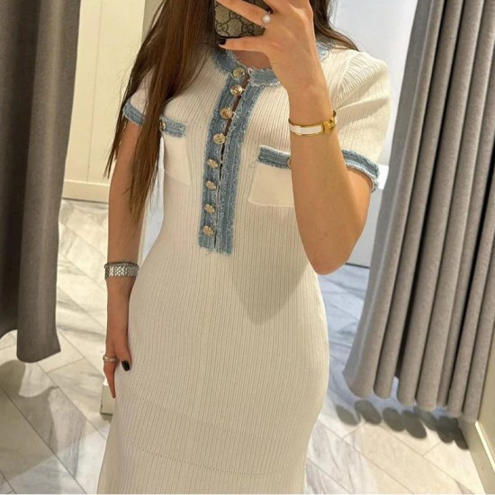 Aliexpress 2025 Women's Clothing Cross-border European and American style denim patchwork knitted Long Dress Tight short-sleeved dress