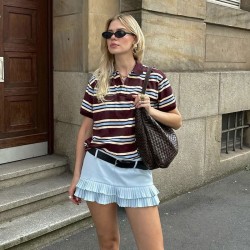 European and American cross-border 2025 Spring long-sleeved American retro color-blocking striped polo shirt, loose-necked women's T-shirt + pleated short skirt
