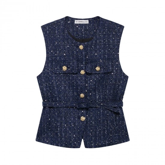 Belt-patterned coarse-woven vest, Spring 2025, European and American style, metal button sleeveless round neck fitted coat for women