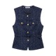Belt-patterned coarse-woven vest, Spring 2025, European and American style, metal button sleeveless round neck fitted coat for women