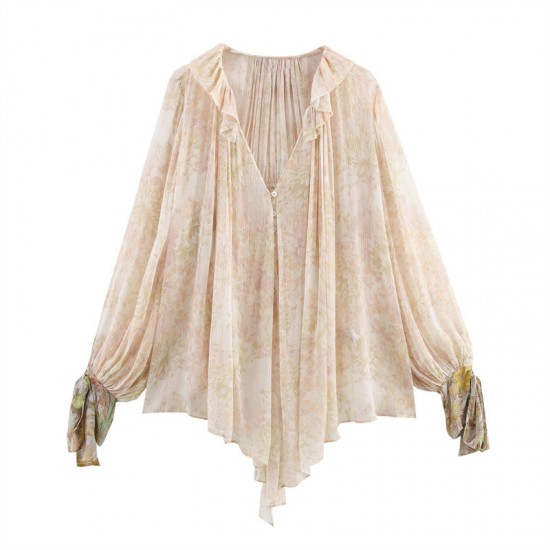 Spring 2025 new women's clothing cross-border European and American style fashionable and simple floral printed V-neck shirt for foreign trade wholesale Spring 2025 new women's clothing cross-border European and American style fashionable and simple floral printed V-neck shirt for foreign trade wholesale