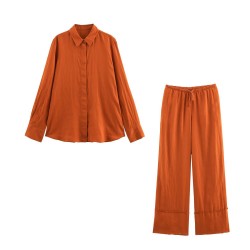 Amazon Wholesale women's Clothing 2025 Spring and Autumn European and American style lapel long-sleeved shirt + long pants fashionable set for women
