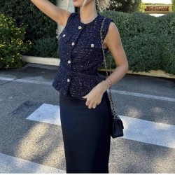 Belt-patterned coarse-woven vest, Spring 2025, European and American style, metal button sleeveless round neck fitted coat for women