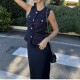 Belt-patterned coarse-woven vest, Spring 2025, European and American style, metal button sleeveless round neck fitted coat for women
