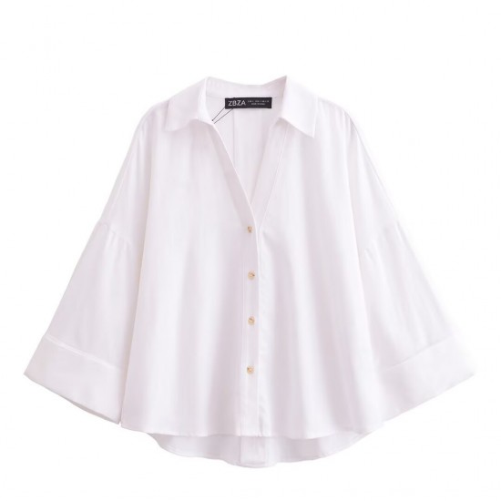 Aliexpress Cross-border Wholesale 2025 Spring New Women's versatile striped V-collar single-breasted wide-sleeved shirt