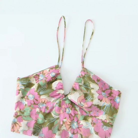 2110 Summer new women's dress with European and American style halter V-neck, flower print, high-waisted single-breasted slit