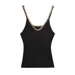 A new summer collection of women's clothing from Europe and America, featuring a fashionable and sexy U-neck metal knitted halter top in white