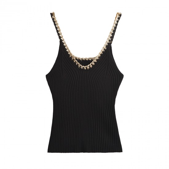 A new summer collection of women's clothing from Europe and America, featuring a fashionable and sexy U-neck metal knitted halter top in white