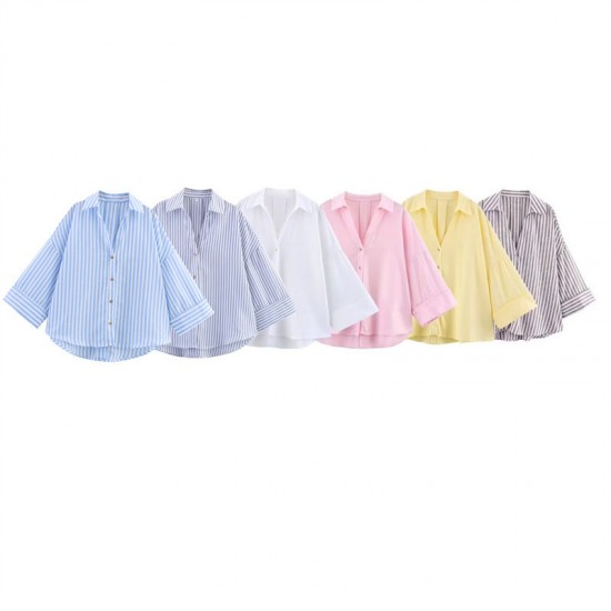 Cross-border 2025 Spring/Summer New women's clothing, European and American style, fashionable, casual and versatile, lapel striped wide-sleeved shirt Cross-border 2025 Spring/Summer New women's clothing, European and American style, fashionable, casual and versatile, lapel striped wide-sleeved shirt