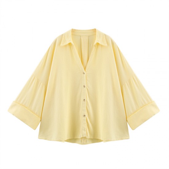 Cross-border 2025 Spring/Summer New women's clothing, European and American style, fashionable, casual and versatile, lapel striped wide-sleeved shirt Cross-border 2025 Spring/Summer New women's clothing, European and American style, fashionable, casual and versatile, lapel striped wide-sleeved shirt