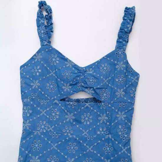 Cross-border Amazon European and American women's clothing 2024 Summer New mini halter dress with cutout embroidery Cross-border Amazon European and American women's clothing 2024 Summer New mini halter dress with cutout embroidery