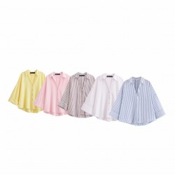 Aliexpress Cross-border Wholesale 2025 Spring New Women's versatile striped V-collar single-breasted wide-sleeved shirt