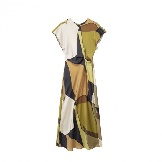 Elegant and refined silk satin texture printed dress wholesale 2025 summer cape sleeve knot decoration fitted mid-length MIDI dress Elegant and refined silk satin texture printed dress wholesale 2025 summer cape sleeve knot decoration fitted mid-length MIDI dress