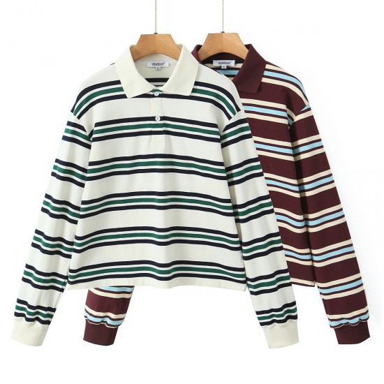 European and American cross-border 2025 Spring long-sleeved American retro color-blocking striped polo shirt, loose-necked women's T-shirt + pleated short skirt European and American cross-border 2025 Spring long-sleeved American retro color-blocking striped polo shirt, loose-necked women's T-shirt + pleated short skirt