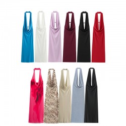 Cross-border wholesale 2025 Spring Party beach women's wear solid color pullover neckline backless pleated decoration MIDI dress