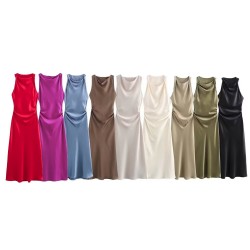 Aliexpress 2024 Spring European and American fashion MIDI dress, round-neck sleeveless black silk satin texture long dress